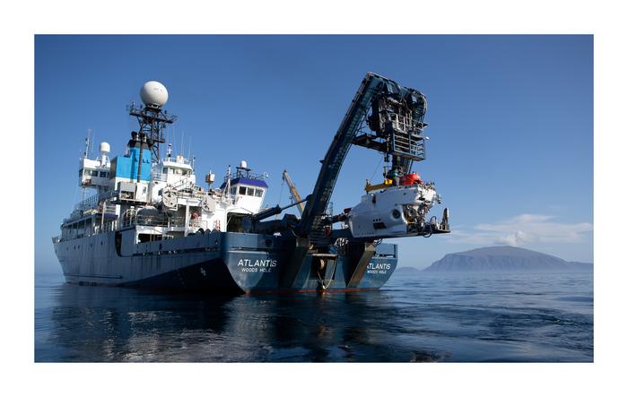 RV Atlantis launching the research submarine Alvin in the Galápagos in Spring 2023