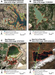 Lake extent derived from SWOT L2 HR LakeSP data compared to Sentinel-2 optical images in case lakes.