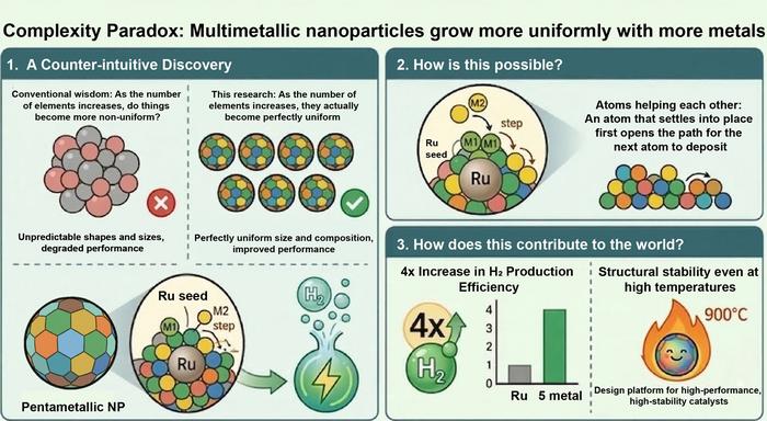 Figure 3. Schematic illustration of multicomponent nanoparticle formation via competitive reactivity and its application in hydrogen catalysis