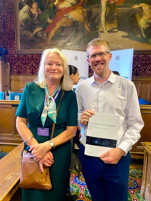 Professor Julia Davidson OBE and Tom Collins MP at the House of Commons, where the Digital Product Safety White Paper was presented.