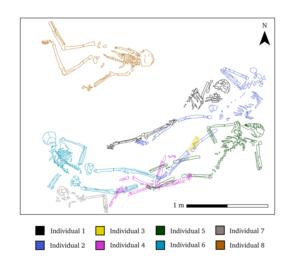 Spatial arrangement of archaeological human remains (destruction deposit Lower Town East Palace, Kurd Qaburstan).