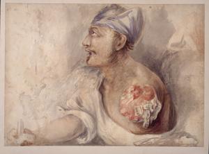 One-armed soldier writing with a quill