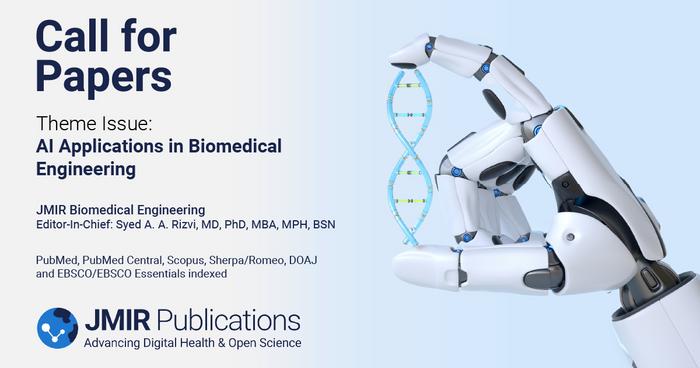JMIR Biomedical Engineering invites submissions on AI Applications in Biomedical Engineering