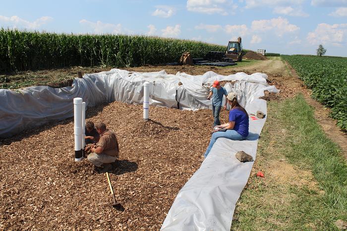 A group of people are working to install a woodchip bioreactor between two agricultural fields