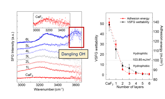 Figure 1. VSFG spectra of interfacial water at graphene/water interface and comparison of VSFG wettability and adhesion energy