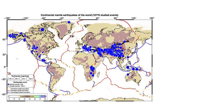 Map of continental mantle earthquakes