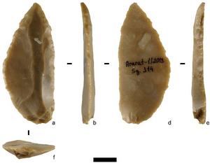 Flint convergent scraper from Ararat-1 Cave, Armenia, shown from multiple angles