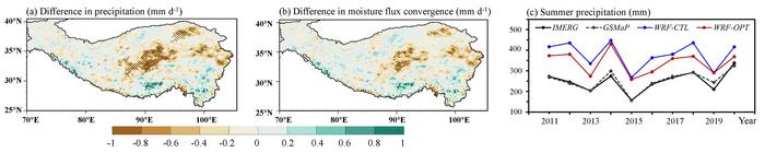 Fig. 3. Simulations of summer precipitation and moisture flux convergence