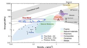Figure 2. Strength–density performance comparison of the developed 3D carbon fiber composite lattice structure