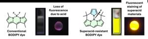 Differences in fluorescence emission between conventional BODIPY dyes (left) and the superacid-resistant BODIPY dye (right) in superacidic media