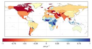 This figure shows the long-term terrestrial water storage trends from GRACE/FO averaged for every country (2/2003-4/2024).