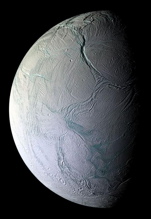 Enceladus, imaged by the Cassini spacecraft.