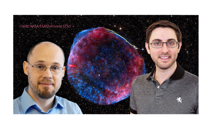 Physicist with supernova remnant behind them.