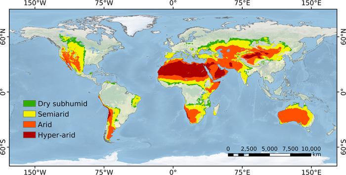 Spatial distribution of global drylands and aridity classification map.