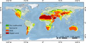 Spatial distribution of global drylands and aridity classification map.