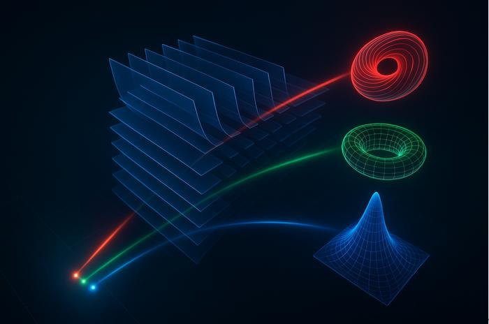 Figure | Artistic depiction of Spatial and Spectral Engineering of 3D Point-Spread-Functions Using Diffractive Optical Processors.