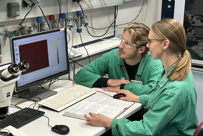 Jason Ross and Juliane März analyzing single-crystal structure data.
