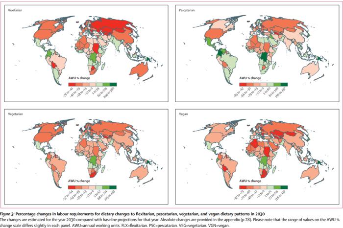 Map of 2030 farm labour changes by diet scenario