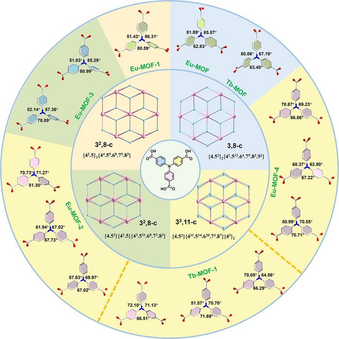 Topological network of Ln-MOFs with 3-c connections, which was extended by the classic AIEgens 4,4′,4″-triphenylamine tricarboxylate (TPA-COOH).