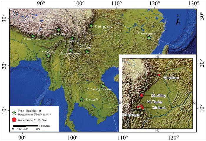 Map showing the type localities of Trimeresurus (Viridovipera) species and the localities of Trimeresurus lii sp. nov.