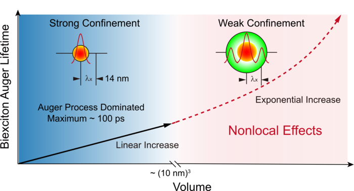 The illustration of volume dependent biexciton Auger lifetime and nonlocaleffects in perovskites.