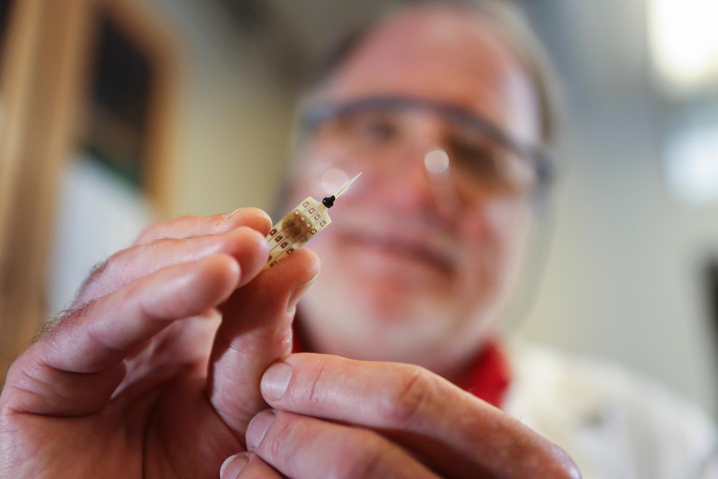 A microelectrode array used to track neurotransmitters in the brain.