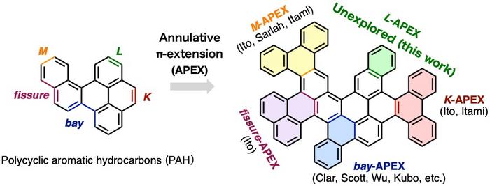 Various regions of polycyclic aromatic hydrocarbon molecules and their respective APEX-type reaction