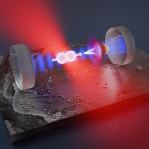 A silica nanorotor is trapped by an optical tweezer (red) inside an optical resonator (blue). Cooled, the rotor alignment in the trapping potential approaches its quantum uncertainty limit (white cone).