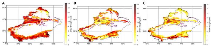 Spatial distributions of different snow drought types in Xinjiang