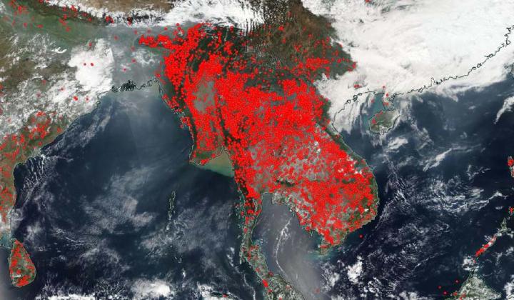 Southeast Asian Peninsula Displays Large Concentrations of Fires