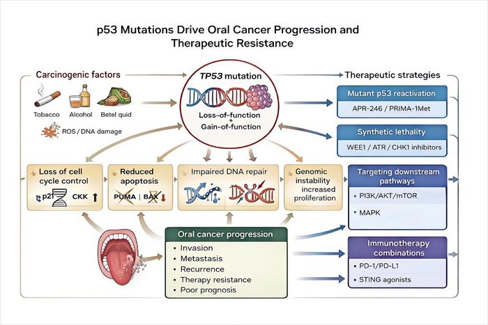 Overview of the molecular mechanisms, prognostic significance, and therapeutic strategies associated with TP53 mutations in oral cancer.