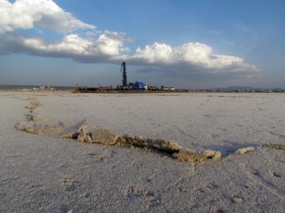Lake Magadi Drilling in Progress with Expansion Cracks on a Trona Salt Pan
