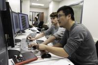 Nianshuang Wang and Daniel Wrapp Collect Cryo-EM Data
