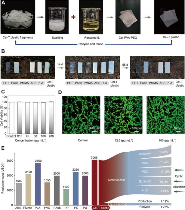 Figure 6 Recyclability, biodegradability, biocompatibility, and economic feasibility of Cel-T plastic.