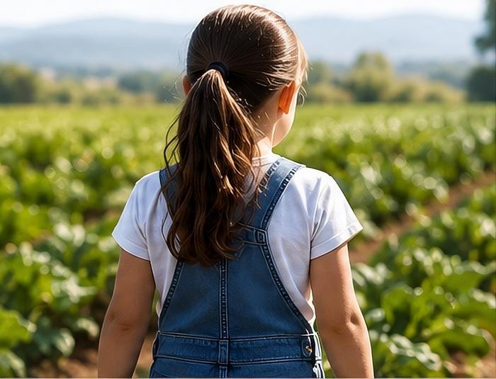 A young girl with her back turned gazes at a farm field.