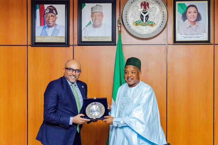 WorldFish Director General Dr. Essam Yassin Mohammed (left) and Nigeria’s Minister of Budget and Economic Planning, Senator Abubakar Atiku Bagudu, at the signing ceremony for the host country agreement in Abuja, Nigeria, on October 2, 2026.