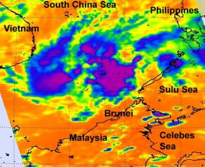 NASA Infrared Data Shows Bands of Thunderstorms Around 96W