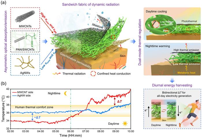 Self-Regulated Bidirectional Temperature Gradients in Radiation-Modulated Fabrics for Diurnal Thermal Comfort Management and Energy Harvesting.