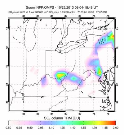 Sulfur Dioxide Emissions over the US from Oct. Kliuchevskoi, Russia, Volcano Eruption