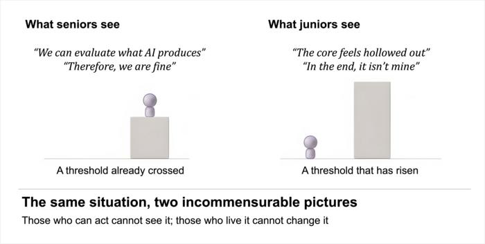 Conceptual diagram illustrating how the mismatch between senior and junior perspectives prevents the problem from correcting itself