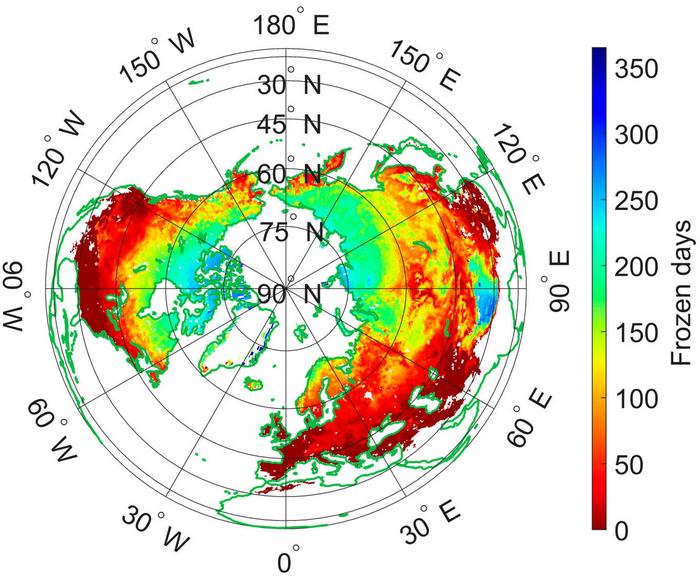 Distribution of annual average frozen days (July 2017 to June 2022) from SMAP FT products.