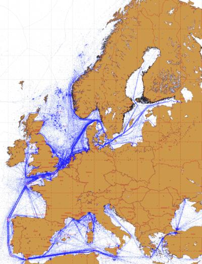 NO2 Map Placed on Top of the Shipping Route Map