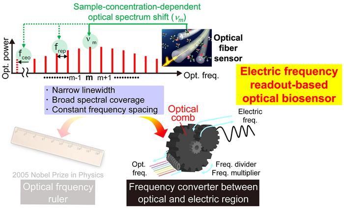 Fig1.Electrical frequency readout-based optical biosensing using OFC.