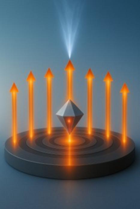 Illustration showing photon emission from a nanodiamond and light directed by a bullseye antenna