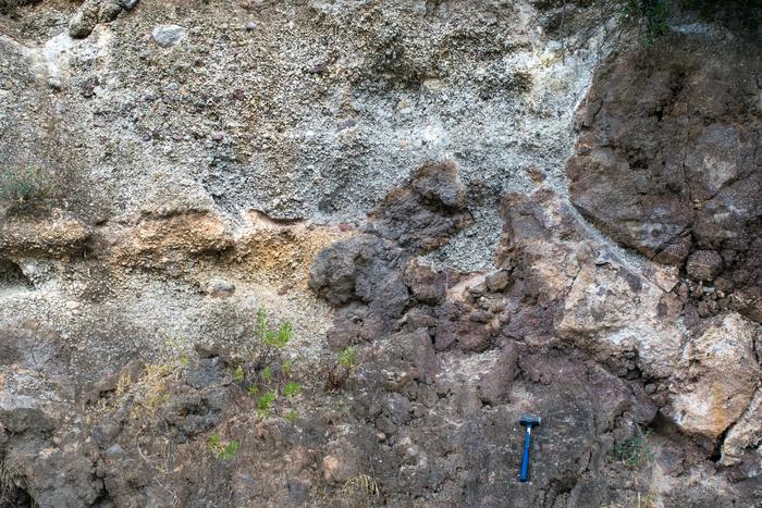 Red lava and white pumice from prehistoric Methana