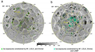 Distribution of Water Ice Bearing Pixels Overlain on An Annual Maximum Temperature Map