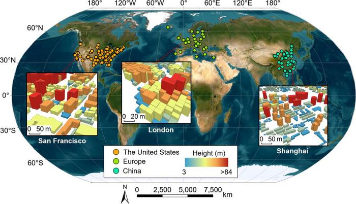 The distribution of reference building height data, used in this study.
