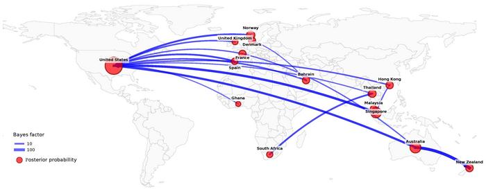 Global migration flow map of A(H3N2) subclade K viruses inferred from Bayesian phylogeographic analysis, 2025