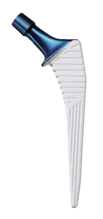 A collared, fully hydroxyapatite-coated femoral stem for hip replacement