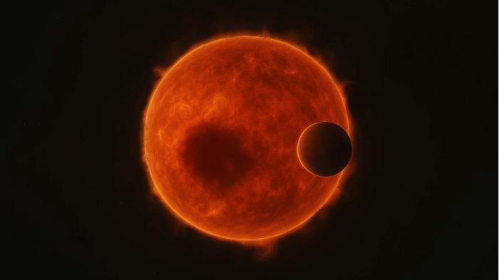 Illustration of Super-Neptune TOI-3884b Transiting a Spotted Red Dwarf